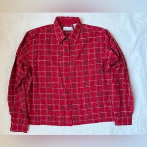 Dressbarn Red Christmas Tree Button Down Shirt Women Size XL